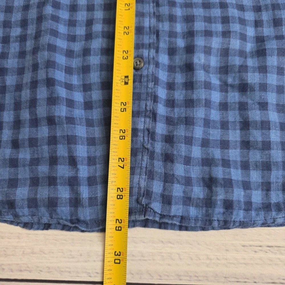 Banana Republic Shirt Men Medium Blue Check Linen Camden Fit Short Sleeve Button